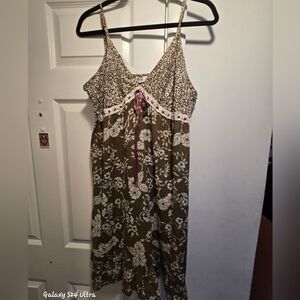 Millenium Olive Floral Lace-Trim Sleep Chemise with Pink Ribbon Large